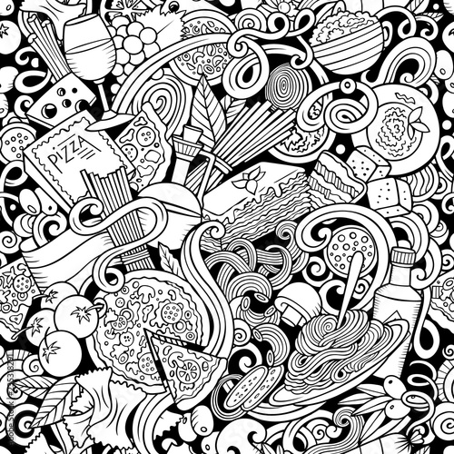 Cartoon cute doodles hand drawn Italian Food seamless pattern. S