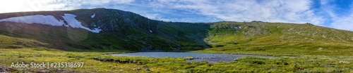 Panorama for a postcard or calendar. Beautiful panoramic view of the mountain lake. Nature of the Northern Urals in the summer.