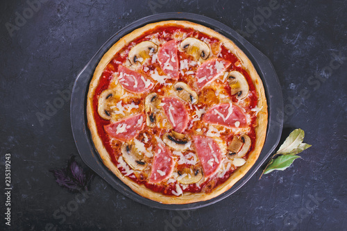 pizza with bacon ,cheese and tomatoes on a dark background