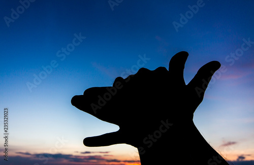 Dog shape hand silhouette in sky