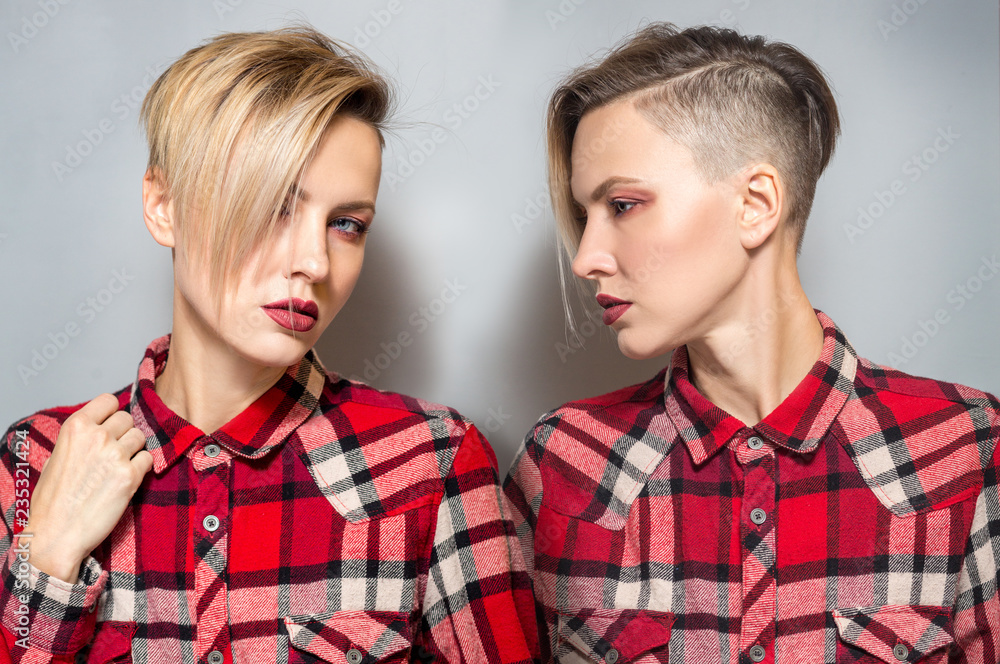 portrait of a young woman with short haircut portrait of a young woman with short haircut