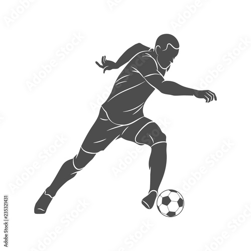 Silhouette soccer player running with the ball on a white background