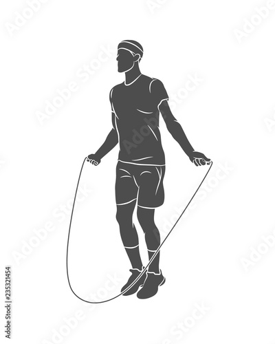 Silhouette young athlete jumping rope on a white background