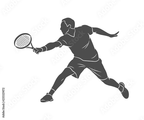 Silhouette tennis player with a racket on a white background