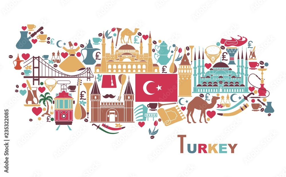 Traditional tourist symbols of Turkey in the form of map