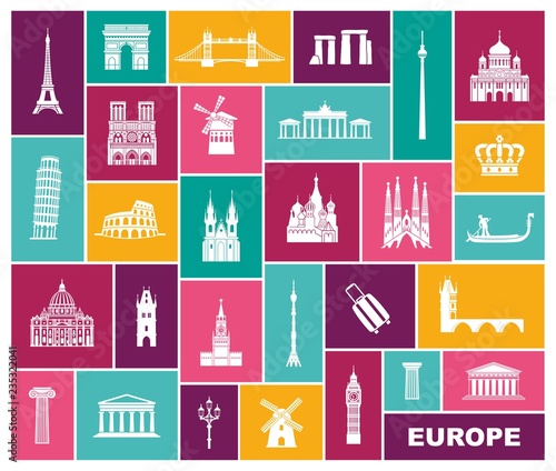 Collection of Europe detailed silhouettes. Set Travel Landmarks. vector illustration