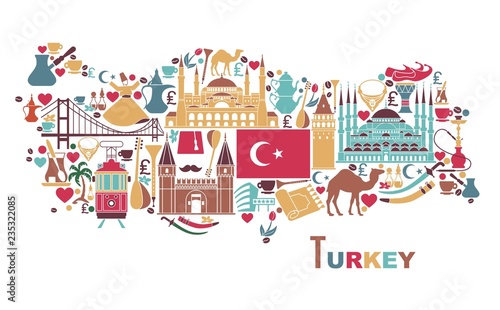 Obraz na plátne Traditional tourist symbols of Turkey in the form of map