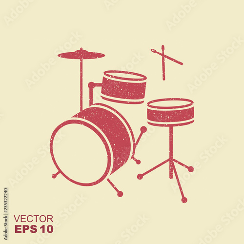 Red silhouette of drum In Simple Style with scuffed effect in a separate layer