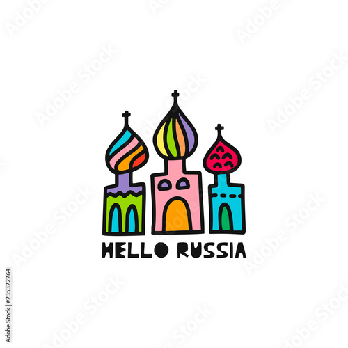 Travel card concept with cathedral and text 'hello Russia' Doodle style.