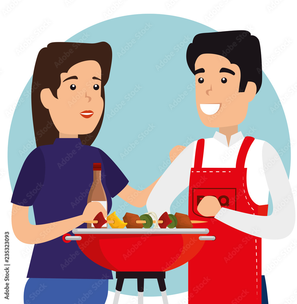 woman and man with sausages in the grill to the bbq woman and man with sausages in the grill to the bbq