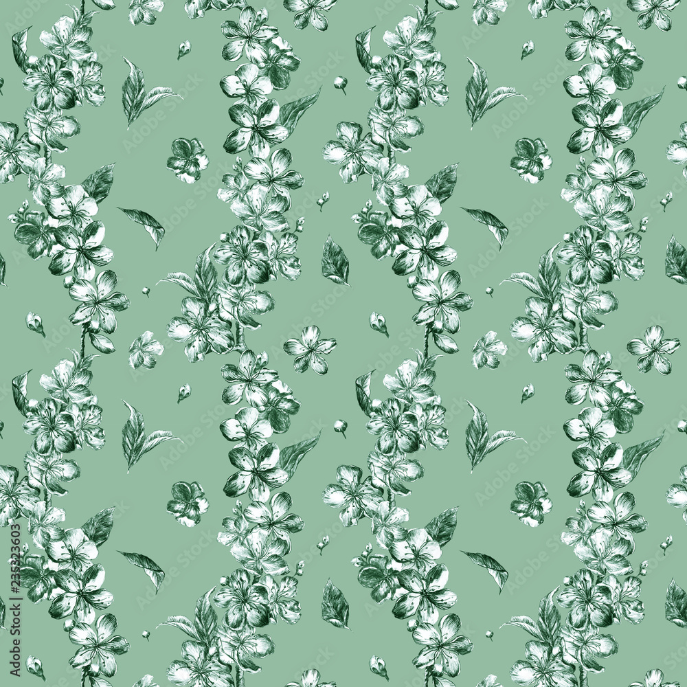Hand drawn charcoal pencil illustration flowers of the light green pulm blossoms and chaotically arranged leaves, petals and buds in vintage style. Hand drawn charcoal pencil illustration flowers of the light green pulm blossoms and chaotically arranged leaves, petals and buds in vintage style.