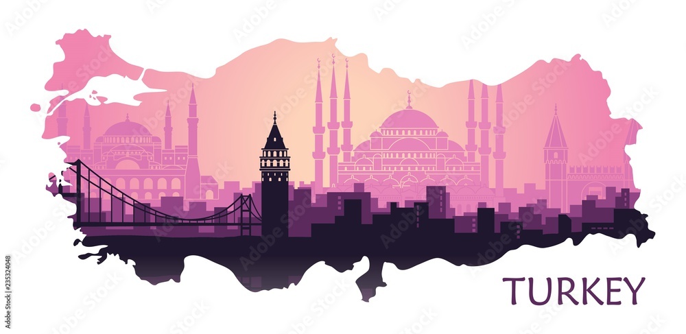 Landscape of the Turkish city of Istanbul. Abstract skyline with the main attractions in the form of a map of Turkey Landscape of the Turkish city of Istanbul. Abstract skyline with the main attractions in the form of a map of Turkey