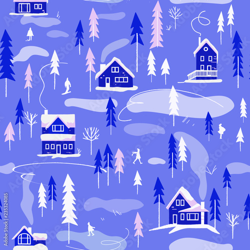Winter village landscape. Vector seamless pattern.