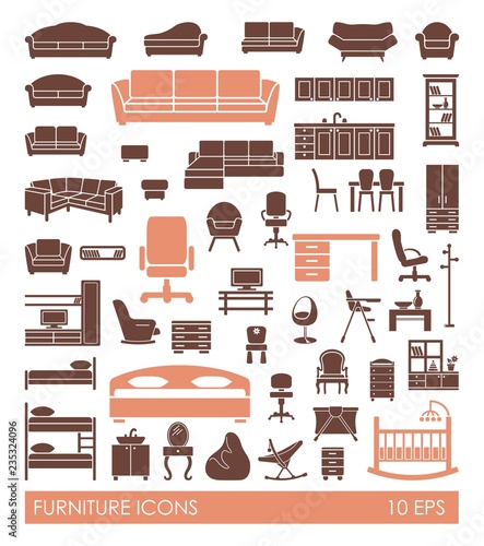 Furniture icon set. Flat illustration interior elements