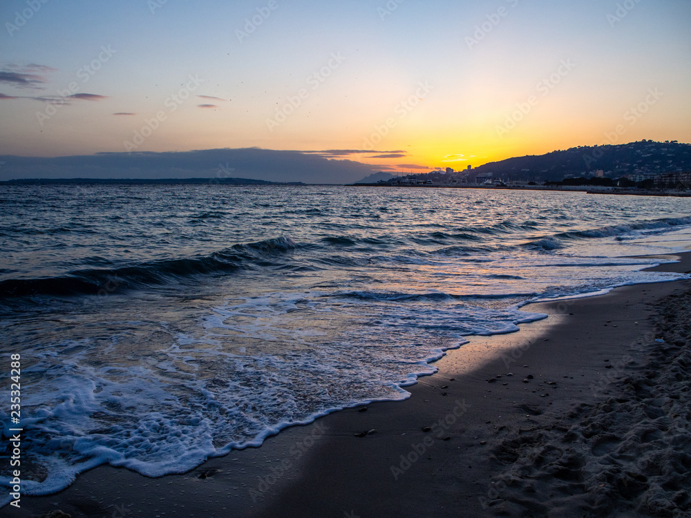 French Riviera beach at sunset in winter