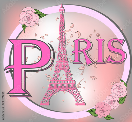 Romantic background with Eiffel Tower and pink roses.