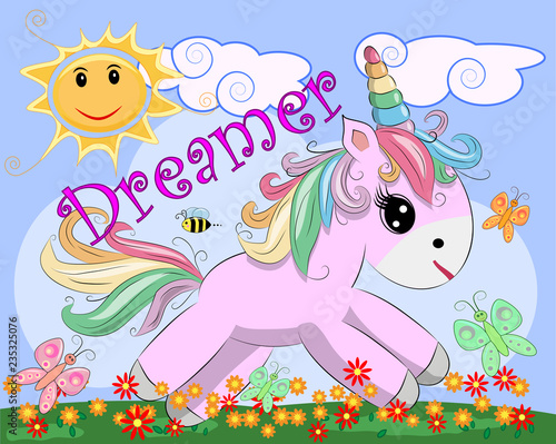 Pink unicorn on a meadow with flowers  rainbow  sun. Child illustration  fairy-tale character  dreamer