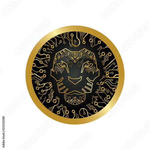 The geometric lion logo in a round coin