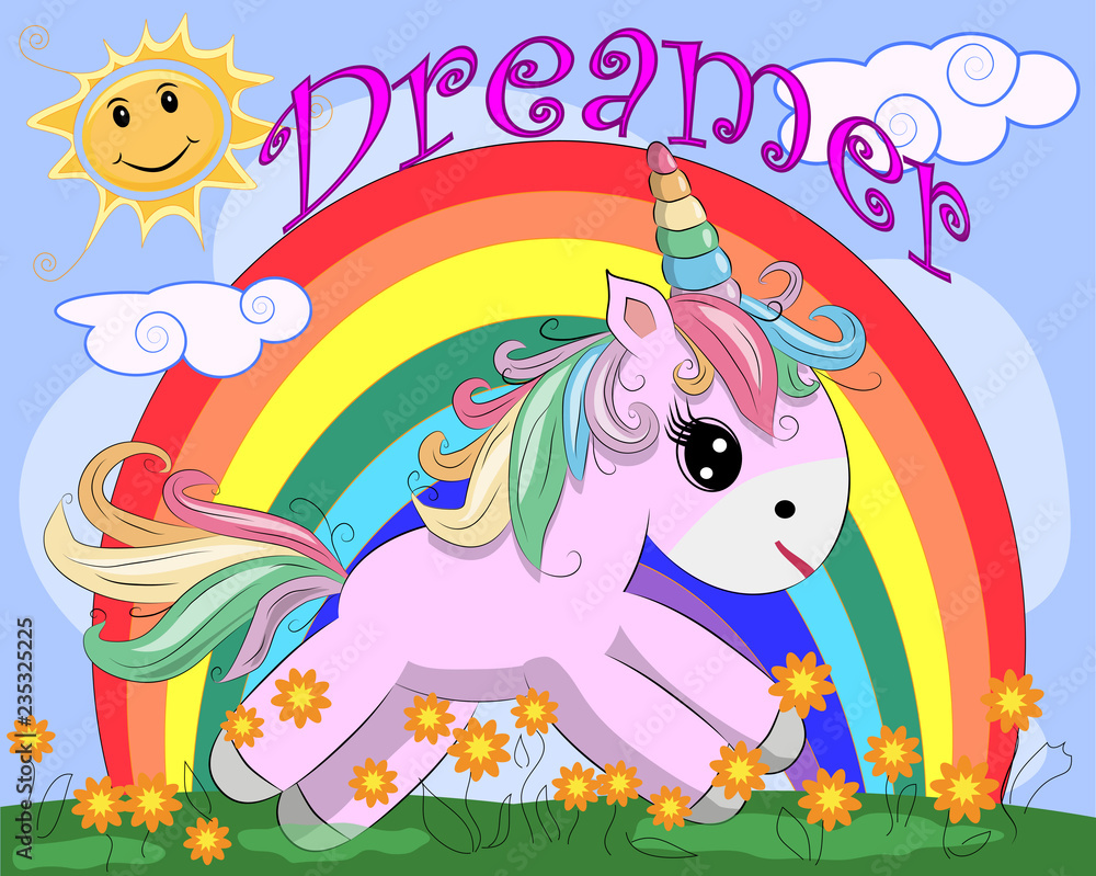 Pink unicorn on a meadow with flowers, rainbow, sun. Child illustration, fairy-tale character, dreamer Pink unicorn on a meadow with flowers, rainbow, sun. Child illustration, fairy-tale character, dreamer