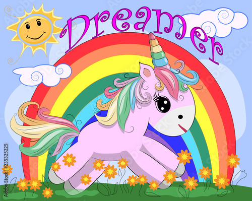 Pink unicorn on a meadow with flowers  rainbow  sun. Child illustration  fairy-tale character  dreamer