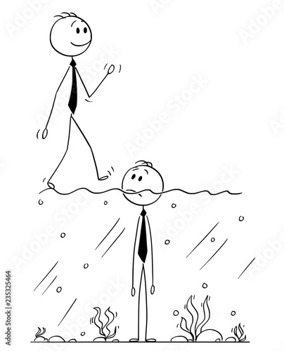 Cartoon stick man drawing conceptual illustration of businessman standing in water with surface above his chin. More successful man is walking on the surface. Business concept of success and failure.