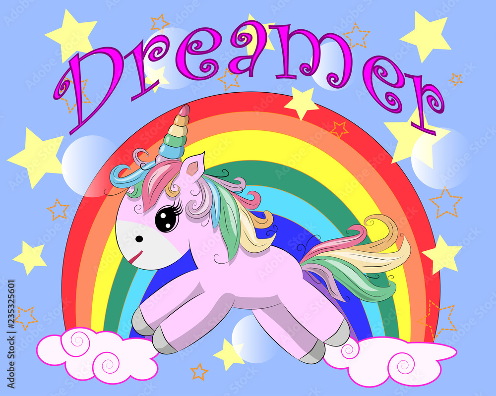 Unicorn vector illustration drawing with rainbow writing Dreamer. Unicorn's head cartoon, isolated on white background. Unicorn vector illustration drawing with rainbow writing Dreamer. Unicorn's head cartoon, isolated on white background.