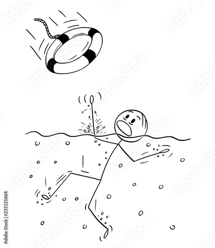 Cartoon stick drawing conceptual illustration of man drowning on water, but someone throw him a lifebuoy or lifebelt.