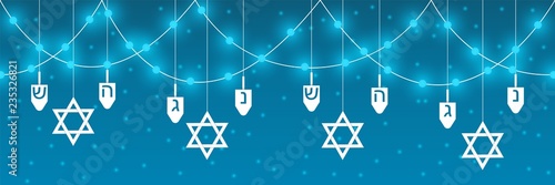 Hanukkah background with traditional elements of the Jewish holiday of Hanukkah. Festive garland of Dreidels, lights and Jewish stars. Can be used to design advertisements, banners or websites. EPS10