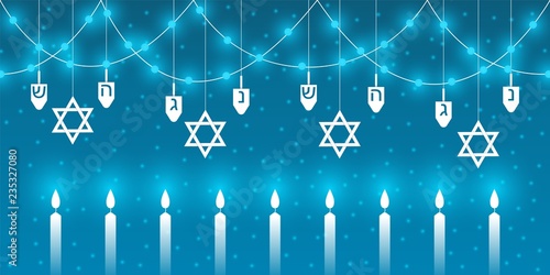 Hanukkah background with traditional elements of the Jewish holiday of Hanukkah. Festive garland of Dreidels, lights and Jewish stars. Can be used to design advertisements, banners or websites. EPS10