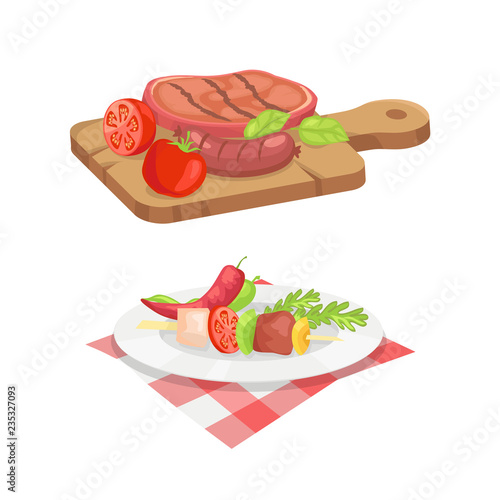 Beefsteak and Skewer Icons Vector Illustration