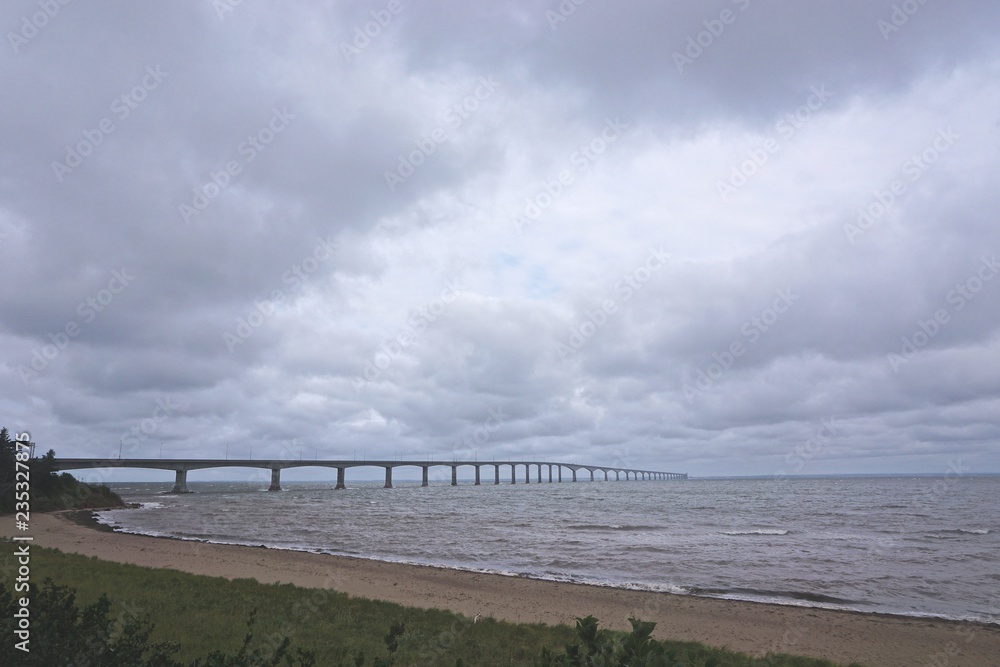 The Confederation Bridge spans the Abegweit Passage of Northumberland Strait. It links Prince Edward Island with mainland New Brunswick, Canada.