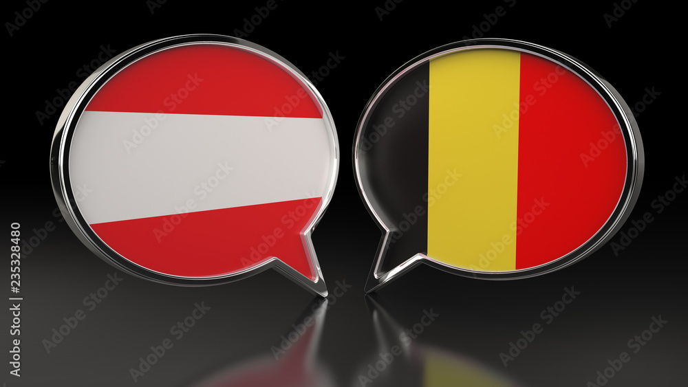 Fototapeta premium Austria and Belgium flags with Speech Bubbles. 3D illustration
