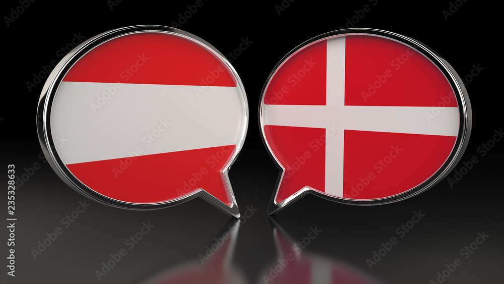 Austria and Denmark flags with Speech Bubbles. 3D illustration Austria and Denmark flags with Speech Bubbles. 3D illustration