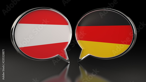 Austria and Germany flags with Speech Bubbles. 3D illustration