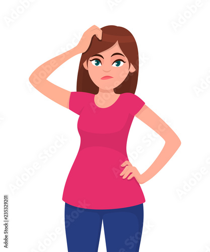 Young woman scratching her head. .Puzzled girl scraping hair, feeling doubt or hesitating.  Question and doubt concept, human expression and body language concept illustration in vector cartoon style.