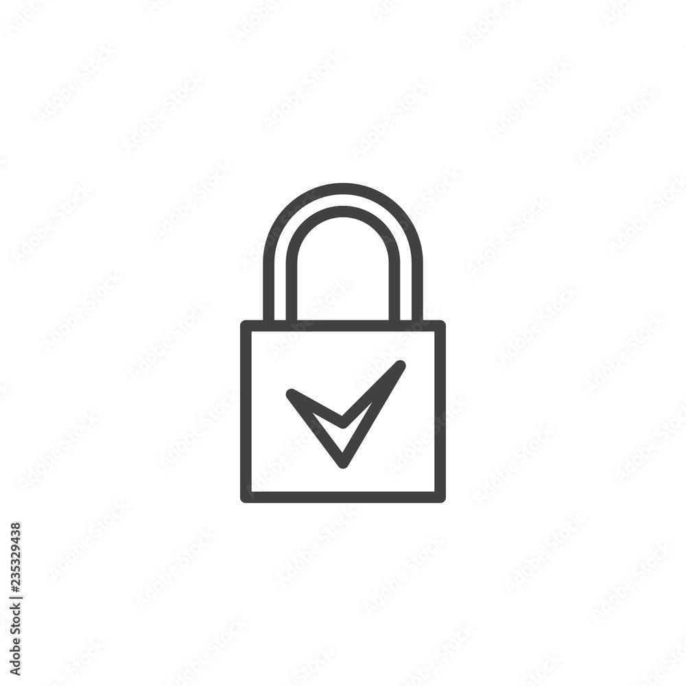 Close padlock with check mark outline icon. linear style sign for mobile concept and web design. Security Lock accepted simple line vector icon. Symbol logo illustration. Pixel perfect vector graphics Close padlock with check mark outline icon. linear style sign for mobile concept and web design. Security Lock accepted simple line vector icon. Symbol logo illustration. Pixel perfect vector graphics
