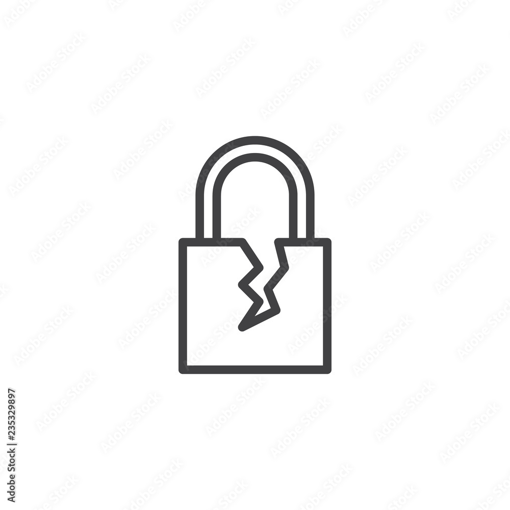 Broken padlock outline icon. linear style sign for mobile concept and web design. Cracked lock simple line vector icon. Symbol, logo illustration. Pixel perfect vector graphics Broken padlock outline icon. linear style sign for mobile concept and web design. Cracked lock simple line vector icon. Symbol, logo illustration. Pixel perfect vector graphics