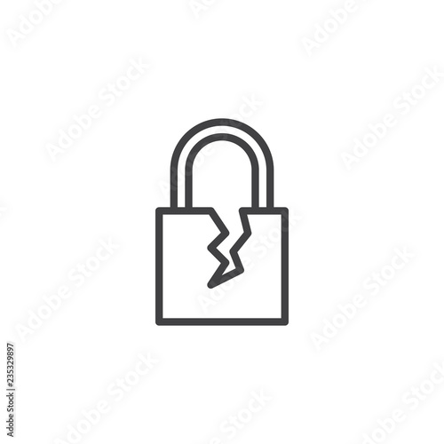 Broken padlock outline icon. linear style sign for mobile concept and web design. Cracked lock simple line vector icon. Symbol, logo illustration. Pixel perfect vector graphics