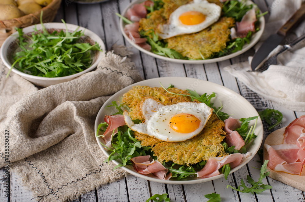 Potato pancakes with eggs and ham