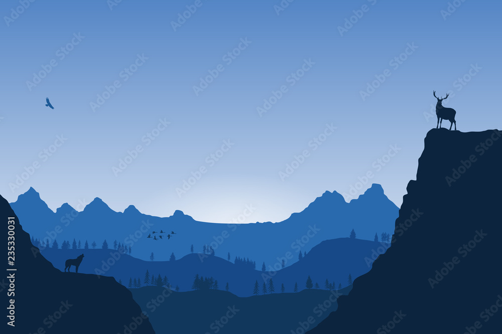 Obraz premium wolf and deer in the wild nature illustration