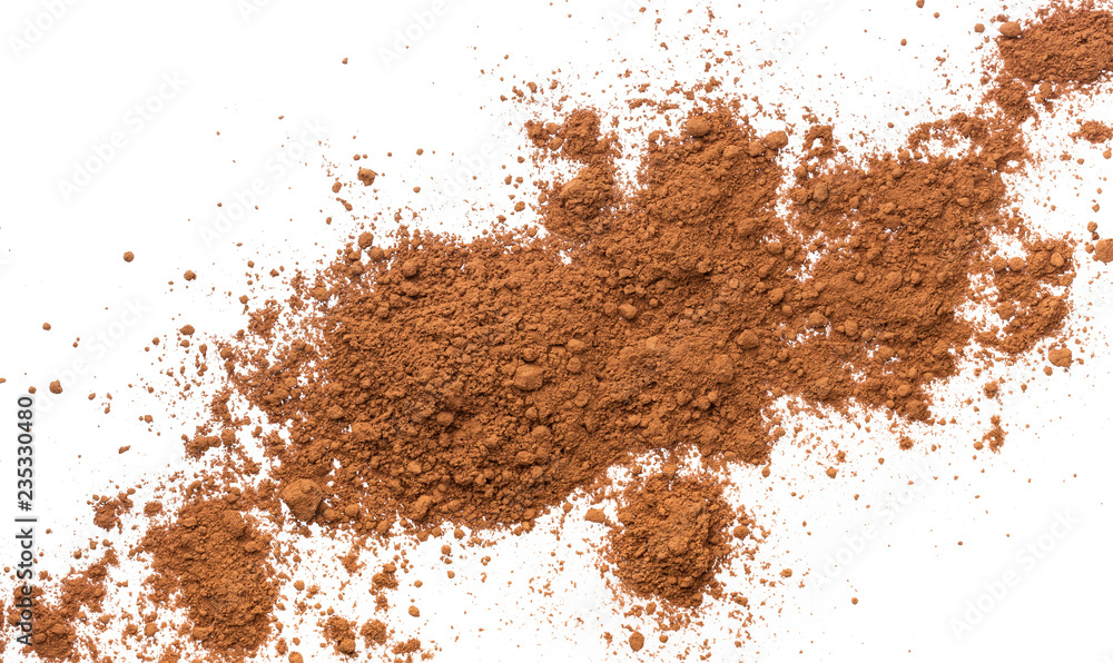 Pile cocoa powder isolated on white background. Top view