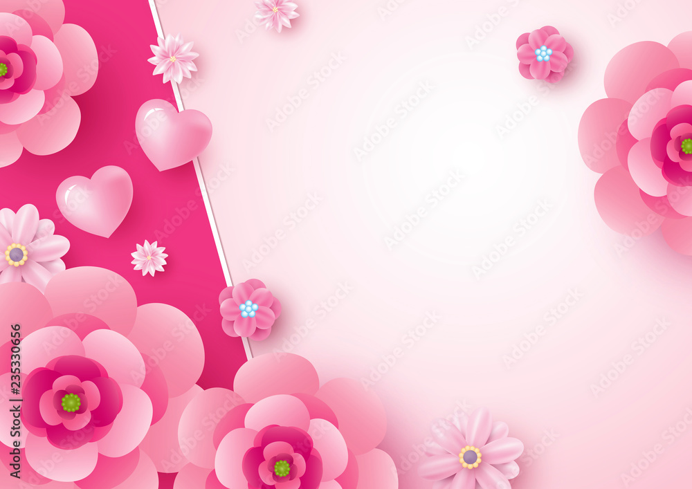 Mother's day card design of flowers and heart background with copy space vector illustration