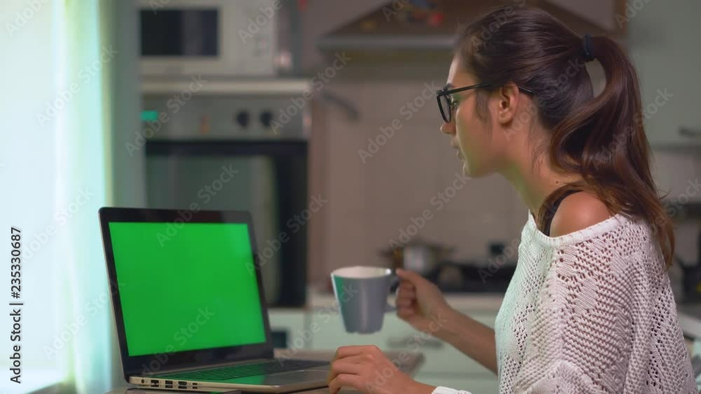 Young brunette woman work on laptop and studying online at home with green screen chroma key Young brunette woman work on laptop and studying online at home with green screen chroma key