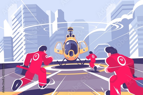 Yellow rescue helicopter and team flat poster