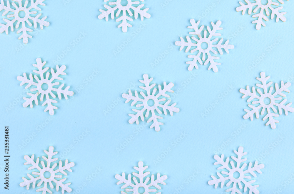 New Year composition with snowflakes. Christmas concept background. Flat lay, top view of festive still life