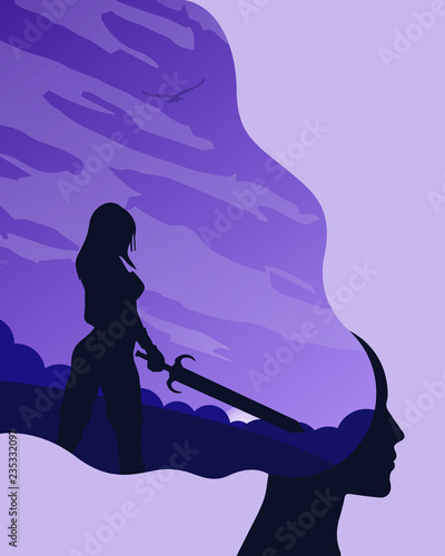 Imagination illustration. Brave woman art. Female masculinity silhoutte and nature.