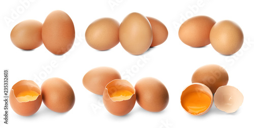 Set with fresh eggs on white background