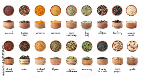 Wooden bowls with different spices and herbs on white background. Large collection with names