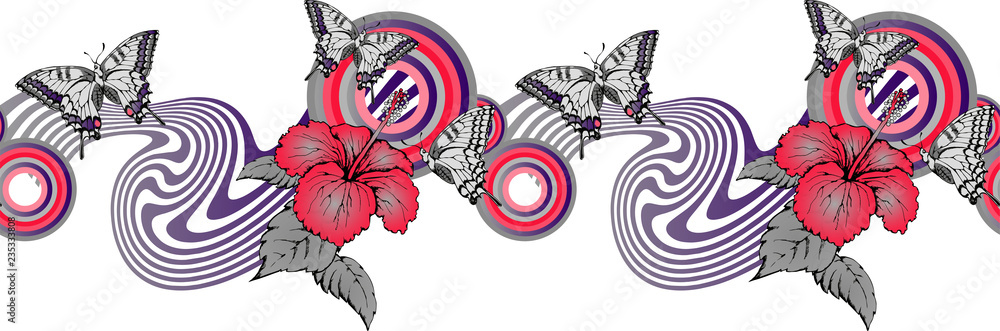 Seamless border of hibiscus and butterfly. Vector illustration
