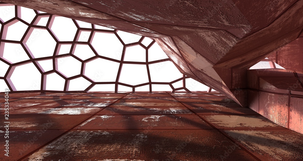 Empty abstract room interior of sheets rusted metal. Architectural background. 3D illustration and rendering Empty abstract room interior of sheets rusted metal. Architectural background. 3D illustration and rendering